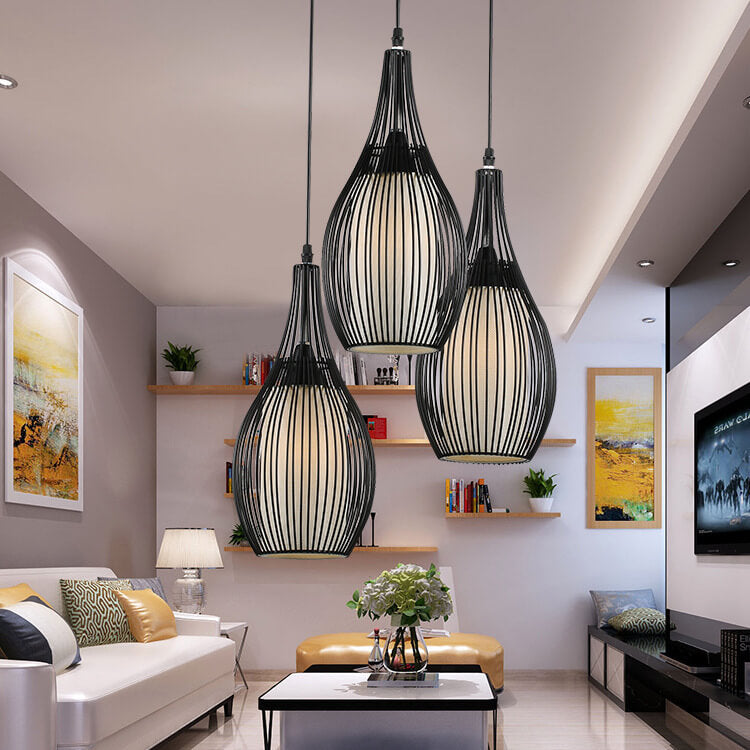 Vintage Iron Black Teardrop Shaped Hanging 3-Light Chandeliers