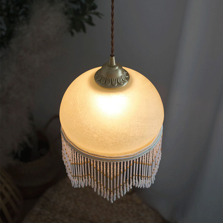 Vintage Milky Yellow Glass Tassel 1-Light Pendant Light