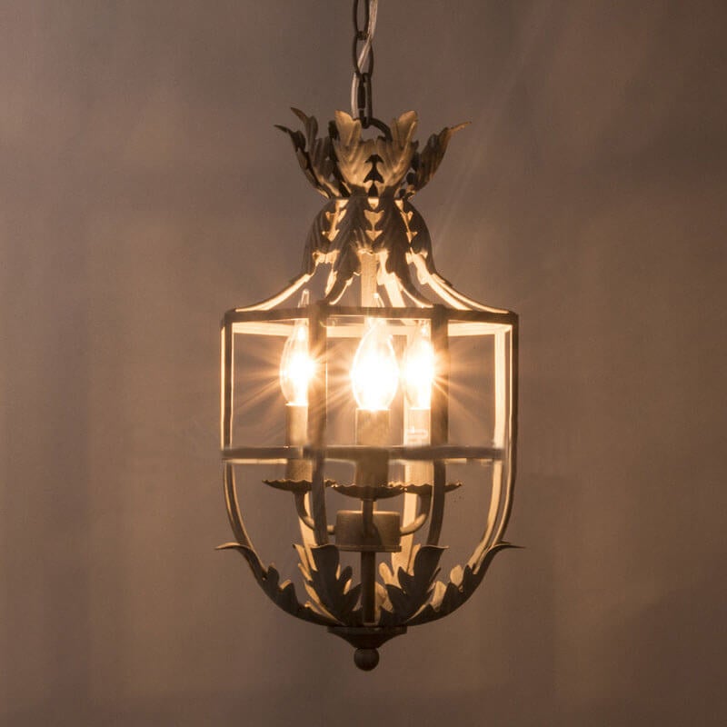 Vintage Wrought Iron Lantern Cage 3-Light Chandelier