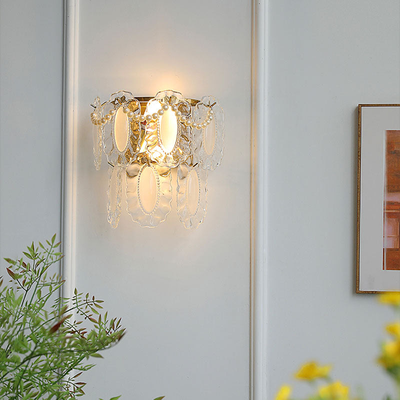 Modern Shabby Chic Pearl Decor Petal Crystal Shade 1-Light Wall Sconce Lamp For Living Room