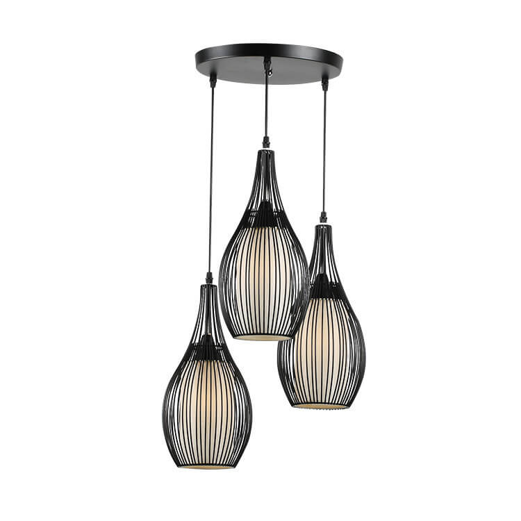 Vintage Iron Black Teardrop Shaped Hanging 3-Light Chandeliers