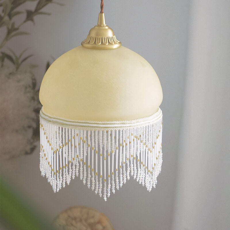 Vintage Milky Yellow Glass Tassel 1-Light Pendant Light