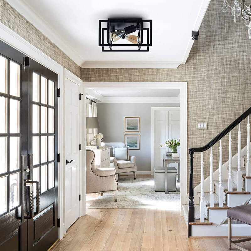 Industrial 2-Light Open Geometric Frame Flush Mount Lighting