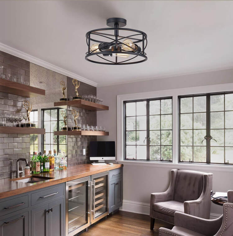 Industrial Wrought Iron 3-Light Cylindrical Semi-Flush Mount Lighting