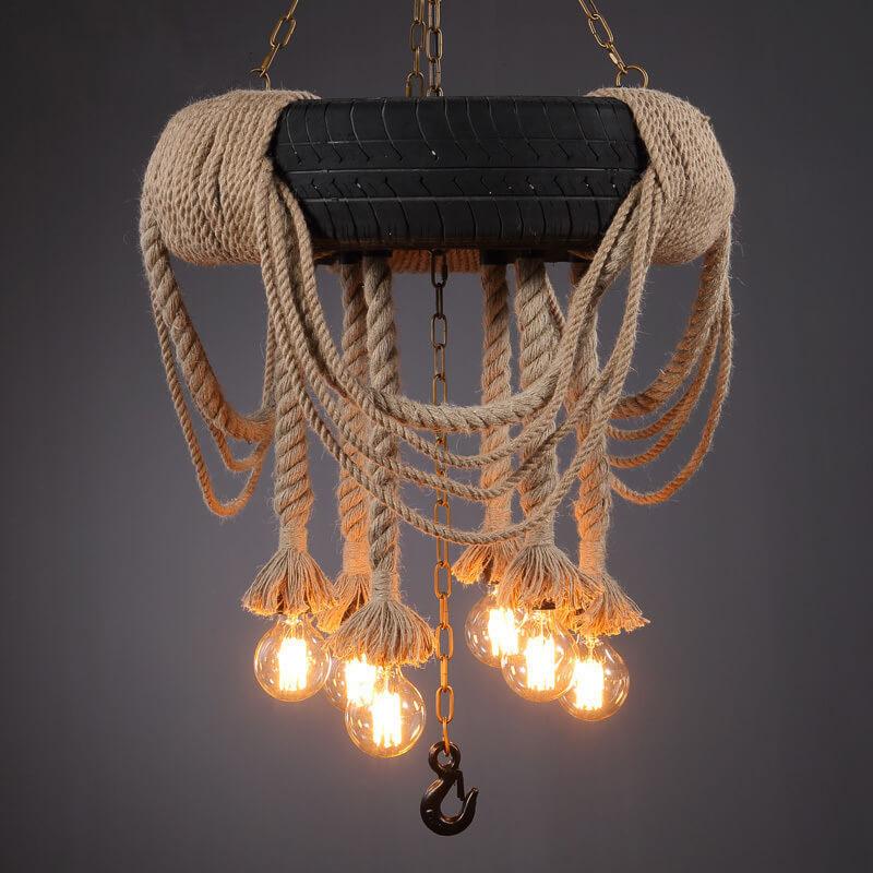 Vintage Industrial Hemp Rope Black Tire 6-Light Chandelier