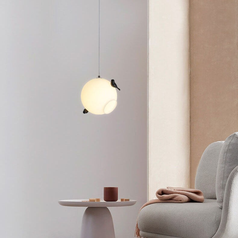 Modern Glass Ball with Standing Birds 1-Light Pendant Light