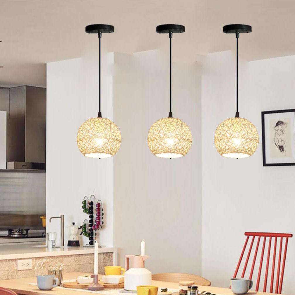 Rattan Weaving Beige Globe 1/3 Light Pendant Light