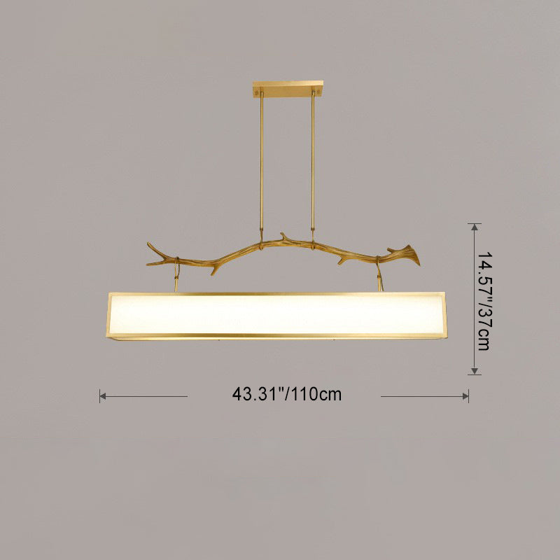 Modern Art Deco Full Copper Branch Fabric Rectangle Shade 1-Light Island Light Pendant Light For Living Room