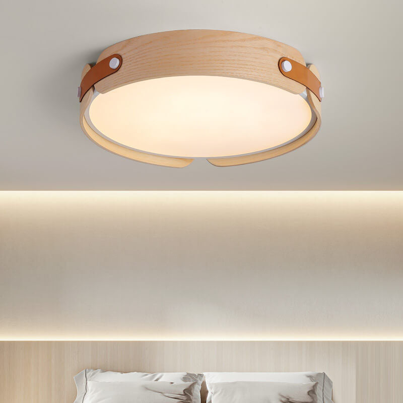 Modern Minimalist Solid Wood Round Leather Design LED Flush Mount Ceiling Light