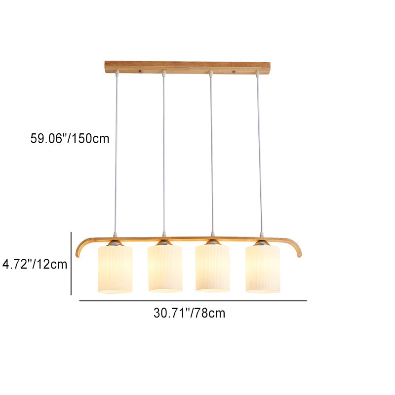 Contemporary Scandinavian Long Cylinder Glass Wood 4-Light Island Light Chandelier For Living Room