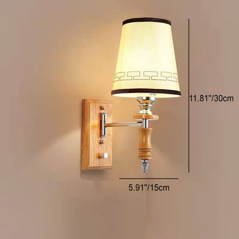 Chinese Retro Wood Element Fabric Barrel Shade 1-Light Wall Sconce Lamp