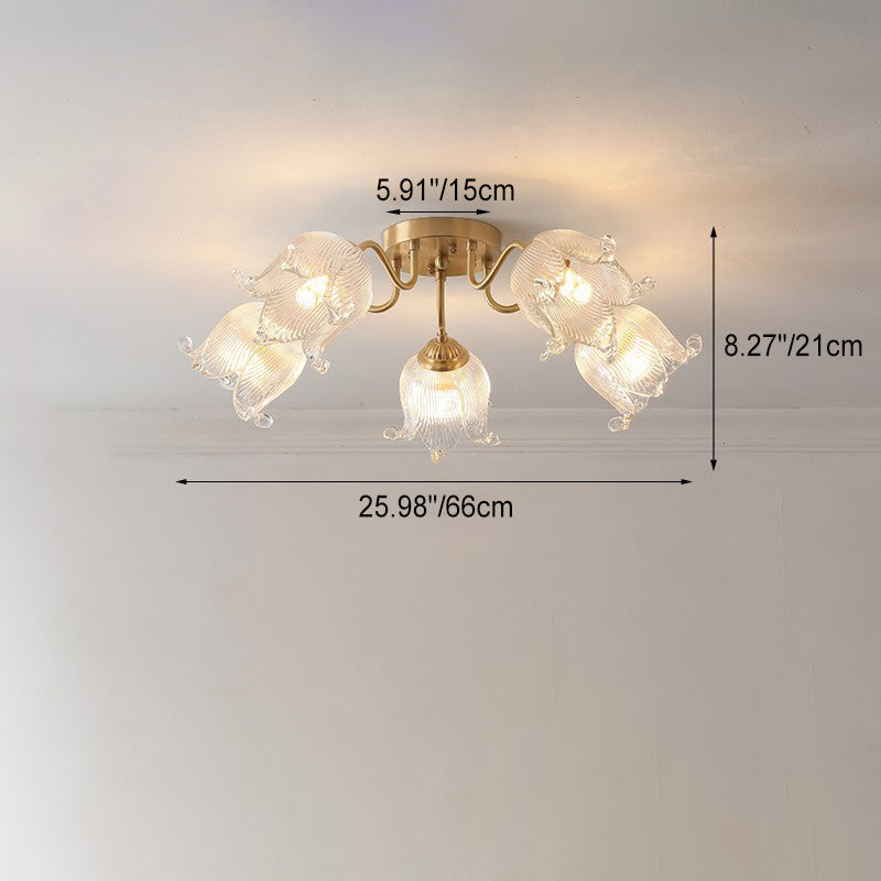 Traditional European Copper Glass Flower 5/12/15 Light Semi-Flush Mount Ceiling Light For Living Room