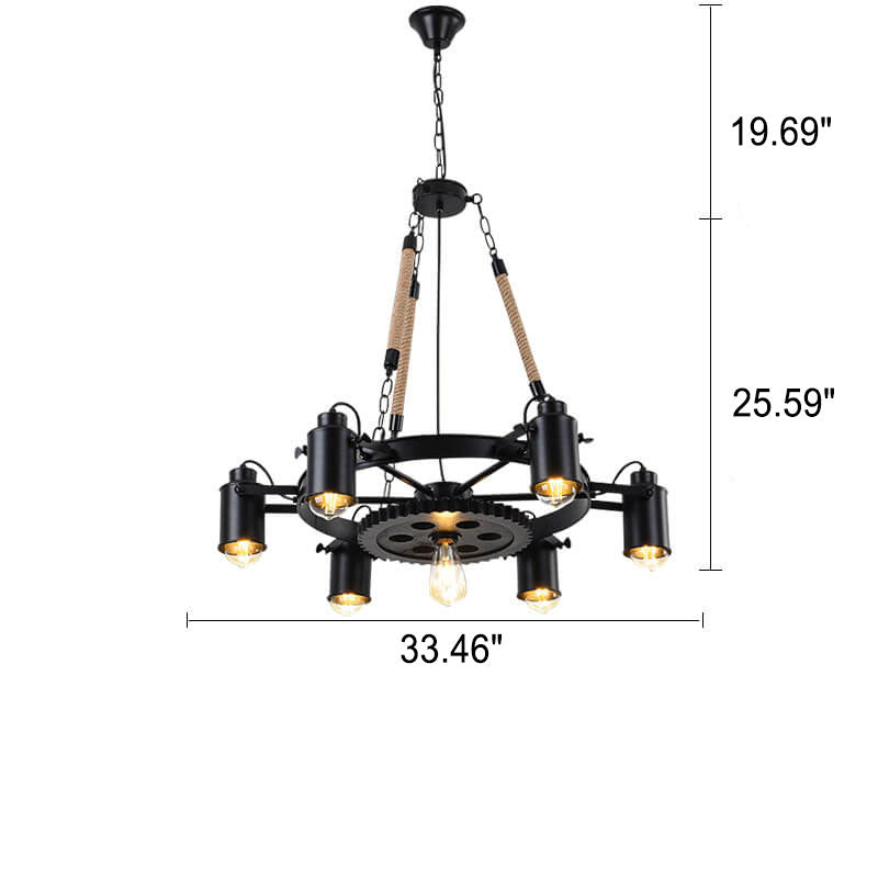 Industrial Retro Gear Wrought Ion Hemp Rope 6/8/10-Light Chandelier
