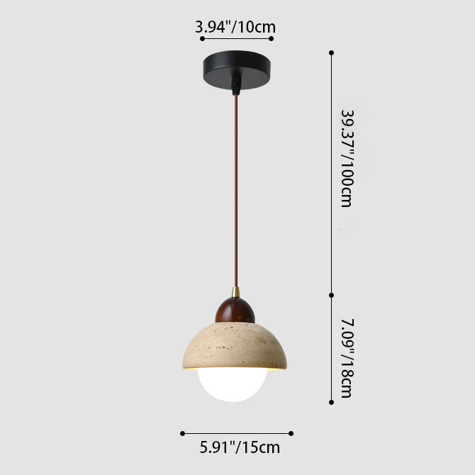 Nordic Modern Minimalist Semi-Circular Plate Yellow Travertine Solid Wood Glass 1-Light Pendant Light