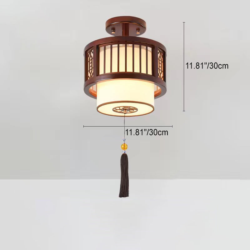 Traditional Chinese Solid Wooden Fabric Lantern Shade 1/3-Light Chandelier For Living Room