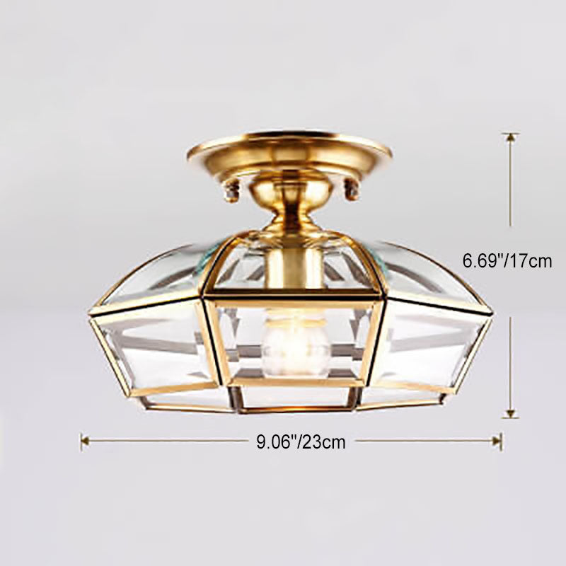 Modern Luxury Octagonal Brass Crystal Glass 1-Light Semi-Flush Mount Ceiling Light
