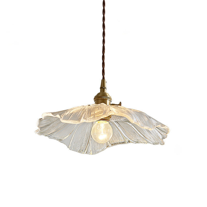 Traditional Vintage Brass Lotus Leaf Glass Shade 1-Light Pendant Light For Living Room