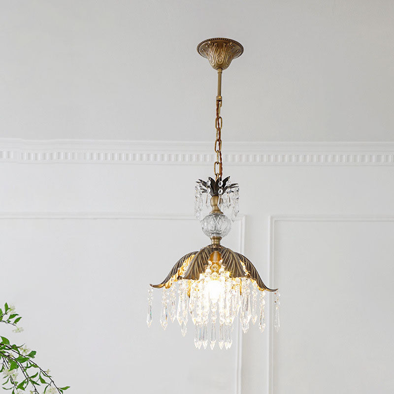 Traditional Vintage Brass Iron Crystal Pineapple Flower 1-Light Pendant Light For Hallway