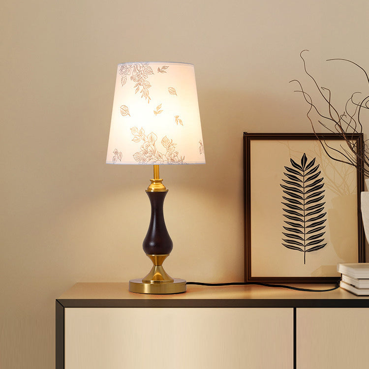 Traditional Vintage Round Table Bottle Disc Base Ash Wood Hardware Fabric 1-Light Table Lamp For Bedroom