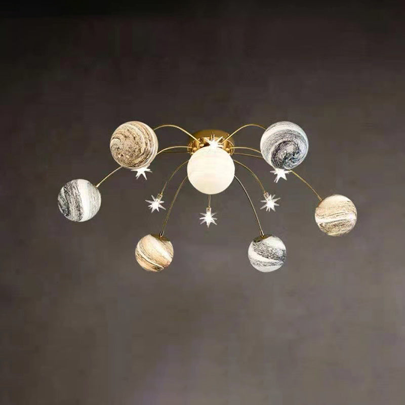 Contemporary Nordic Kids Iron Glass Ball Earth Planet 13-Light Semi-Flush Mount Ceiling Light For Bedroom