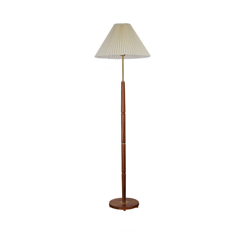 Traditional Vintage Pleated Fabric Shade Brass Walnut Splicing Base 1-Light Standing Floor Lamp For Bedroom
