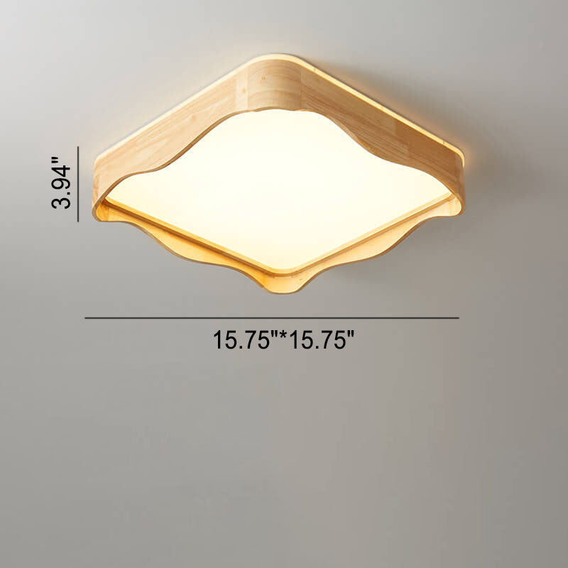 Modern Minimal Wave Rectangular Rubberwood Acrylic LED Flush Mount Lighting
