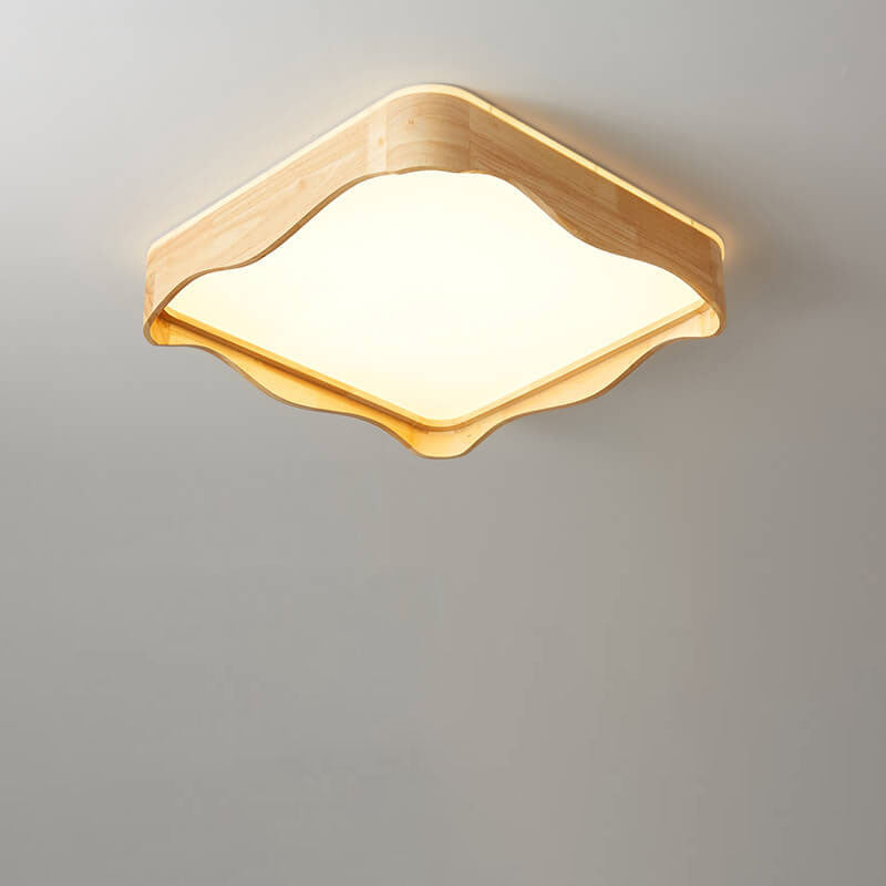 Modern Minimal Wave Rectangular Rubberwood Acrylic LED Flush Mount Lighting