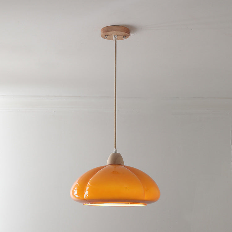 Contemporary Vintage Glass Pumpkin Shade Wood 1-Light Pendant Light For Living Room