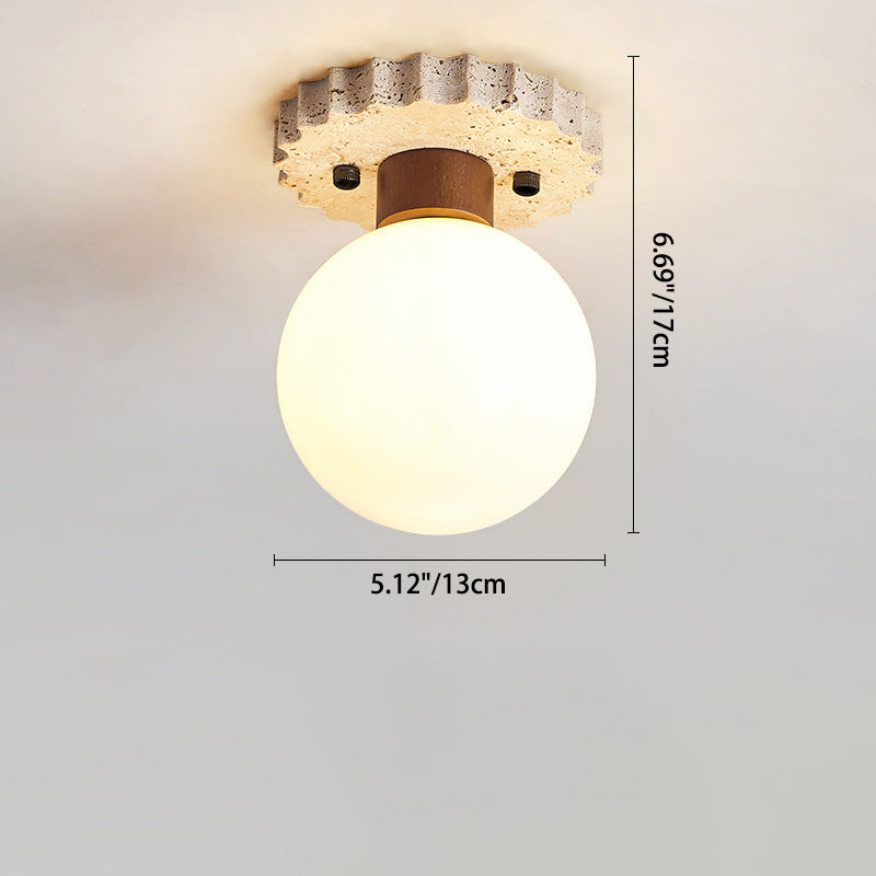 Traditional Japanese Ball Round Base Travertine Wood Glass 1-Light Semi-Flush Mount Ceiling Light For Hallway