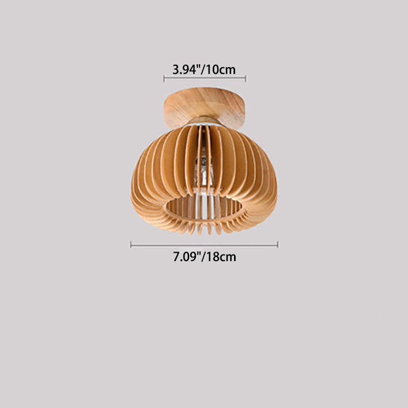 Traditional Japanese Iron Wood Round Grille 1-Light Semi-Flush Mount Ceiling Light For Hallway