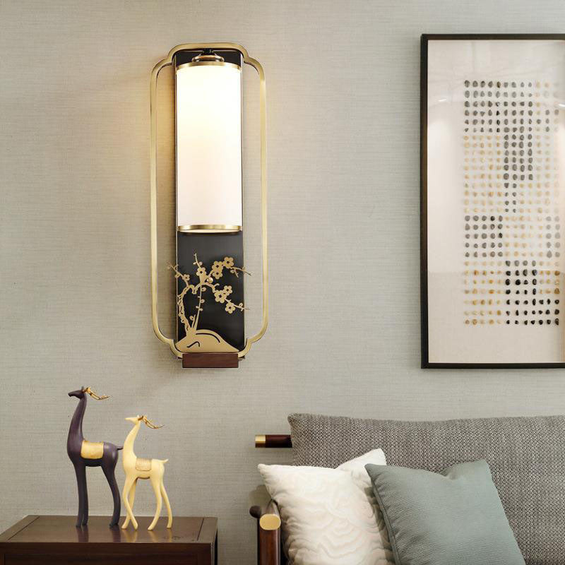 Traditional Chinese Carved Copper Frame Frosted Glass Cylinder Shade 1-Light Wall Sconce Lamp For Living Room