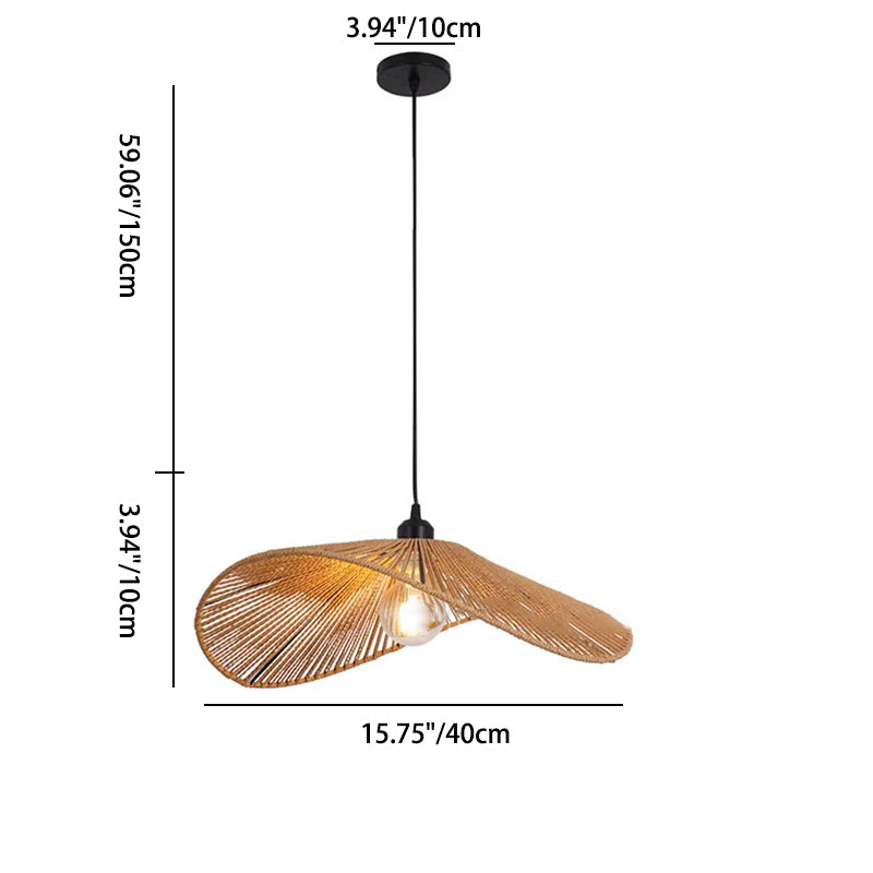 Traditional Vintage Wood Paper Rope Weaving Straw Hat Shape 1-Light Pendant Light For Living Room