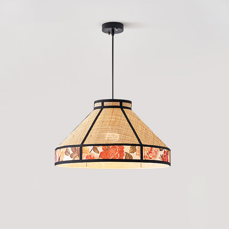 Contemporary Vintage Round Cone Raffia Hardware 1-Light Pendant Light For Living Room