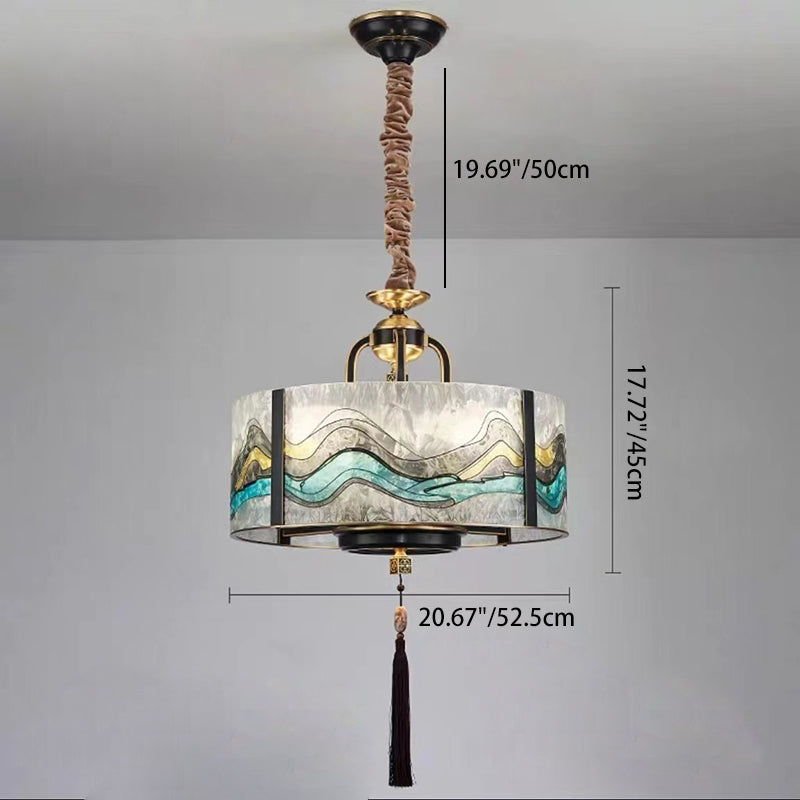Traditional Chinese Enamel Glass Cylinder Shade Brass Frame 4/6-Light Chandelier For Living Room