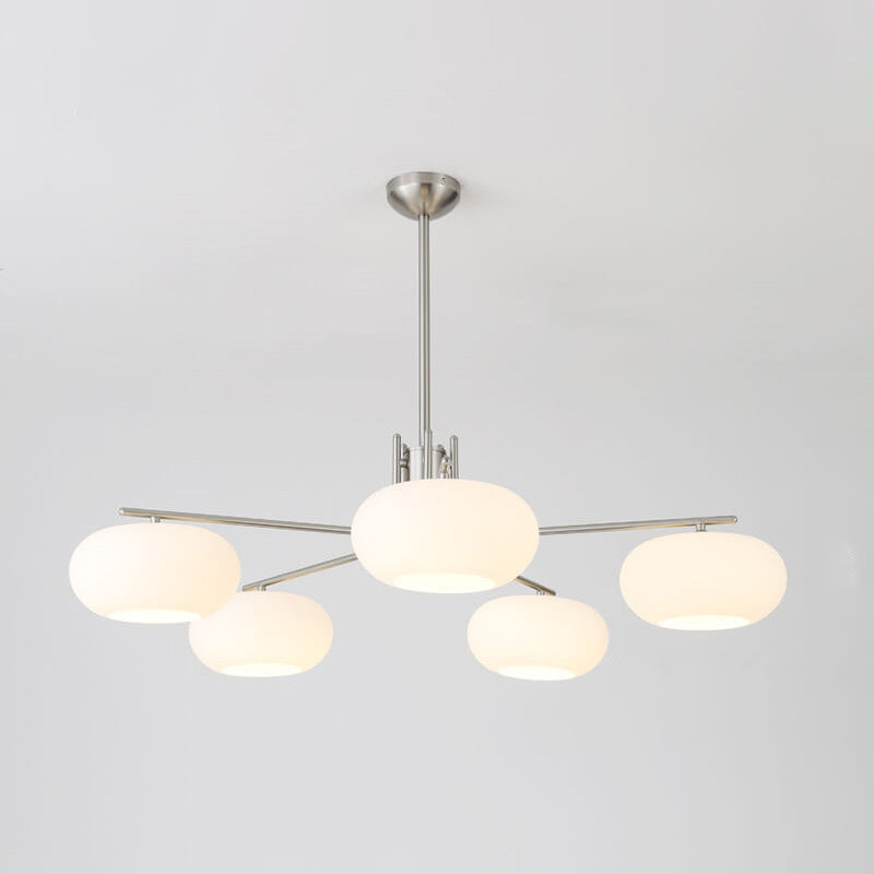 French Minimalist White Dome Glass Shade 5-Light Chandelier