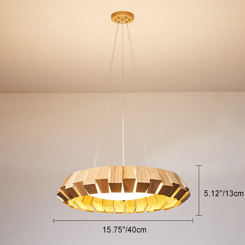 Contemporary Scandinavian Round Flying Saucer Wood Glass LED Chandelier For Living Room