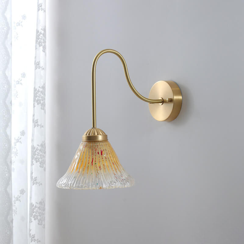 Japanese Vintage Yellow Glass Cone Brass 1-Light Wall Sconce Lamp