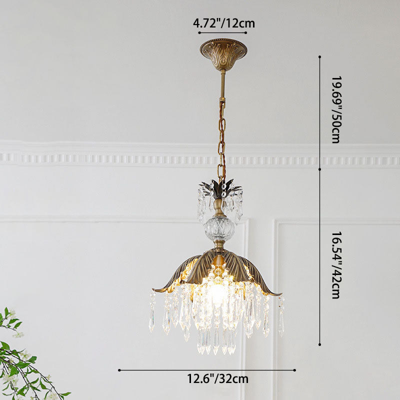 Traditional Vintage Brass Iron Crystal Pineapple Flower 1-Light Pendant Light For Hallway