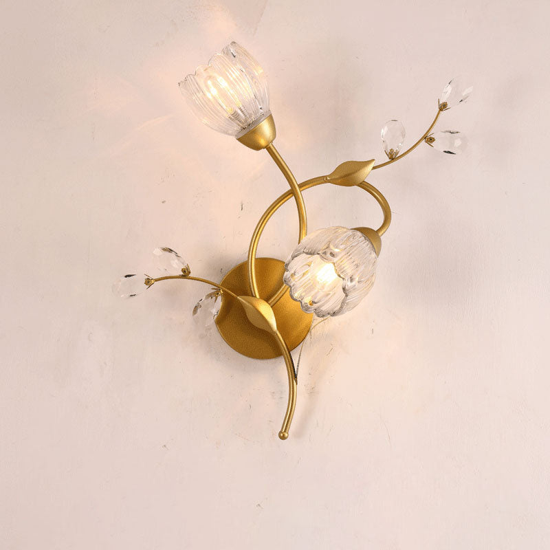 Modern Art Deco Flower Hardware Glass Crystal 2-Light Wall Sconce Lamp For Living Room