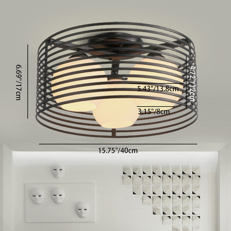 Contemporary Industrial Iron Cylinder Frosted Glass Globe Shade 3-Light Flush Mount Ceiling Light For Bedroom