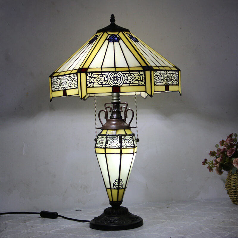 European Tiffany Stained Glass Hexagonal Dome Pull Cord 2-Light Table Lamp