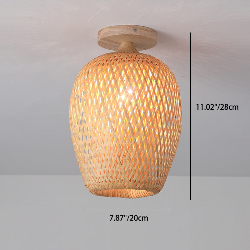 Modern Chinese Bamboo Woven Cylinder 1-Light Semi-Flush Mount Ceiling Light For Living Room