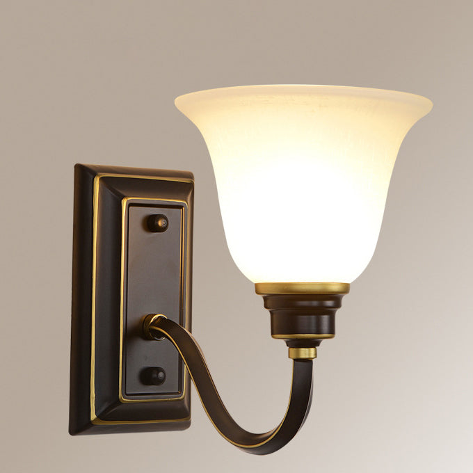 Traditional Rustic Floral Glass Shade Iron 1-Light Wall Sconce Lamp For Bedroom