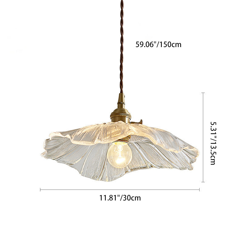 Traditional Vintage Brass Lotus Leaf Glass Shade 1-Light Pendant Light For Living Room