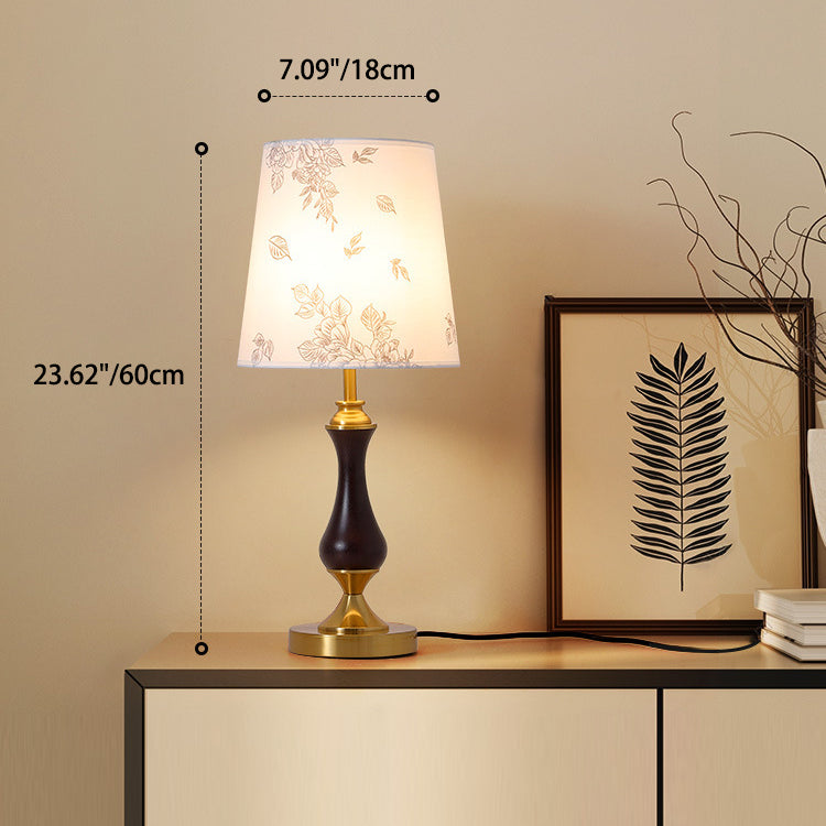 Traditional Vintage Round Table Bottle Disc Base Ash Wood Hardware Fabric 1-Light Table Lamp For Bedroom