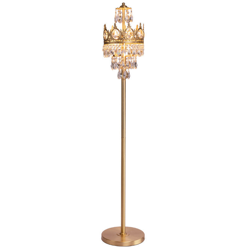 Traditional Luxury Copper Brass Crystal Crown Pendant 3-Light Standing Floor Lamp For Bedroom