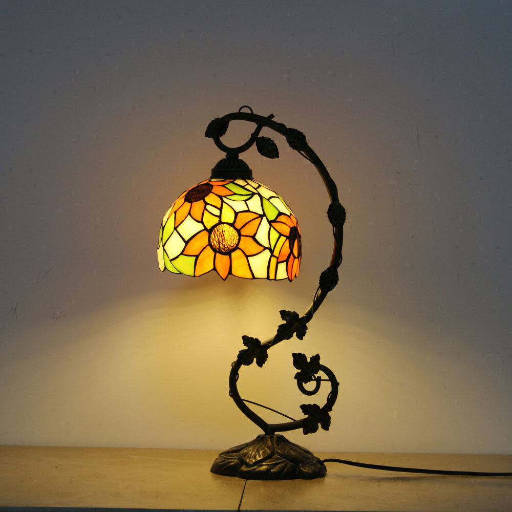 Traditional Tiffany Half Round Flower Vine Resin Stained Glass 1 Light Table Lamp For Bedroom