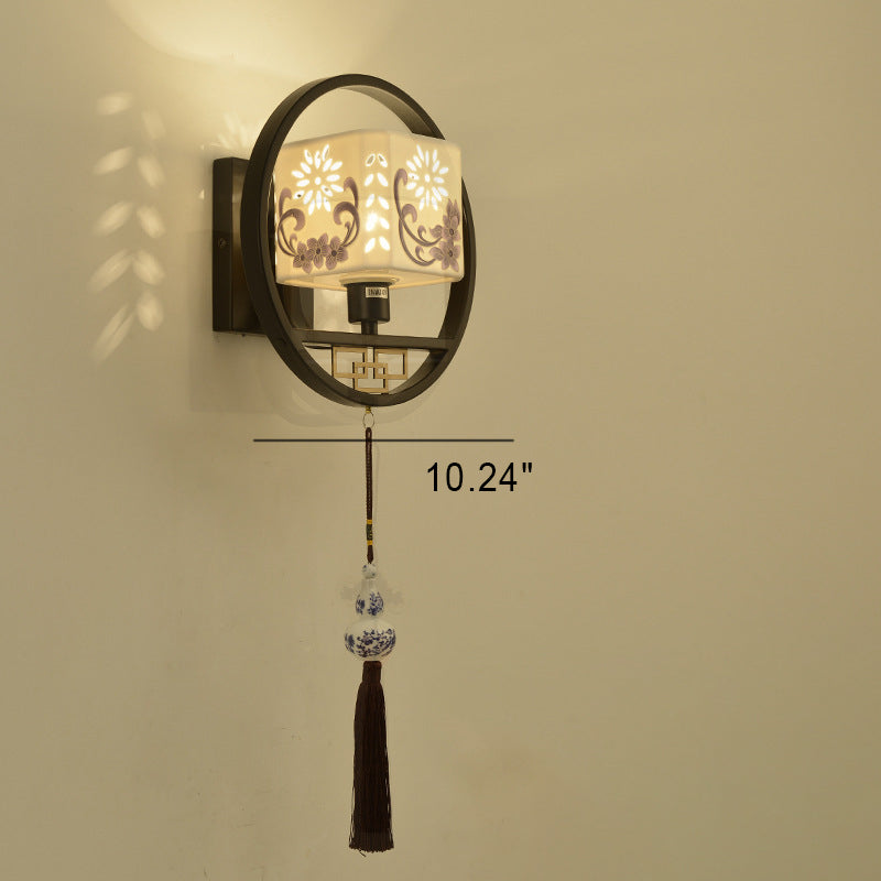 Modern Chinese Fabric Circle Locket 1- Light Wall Sconce Lamp