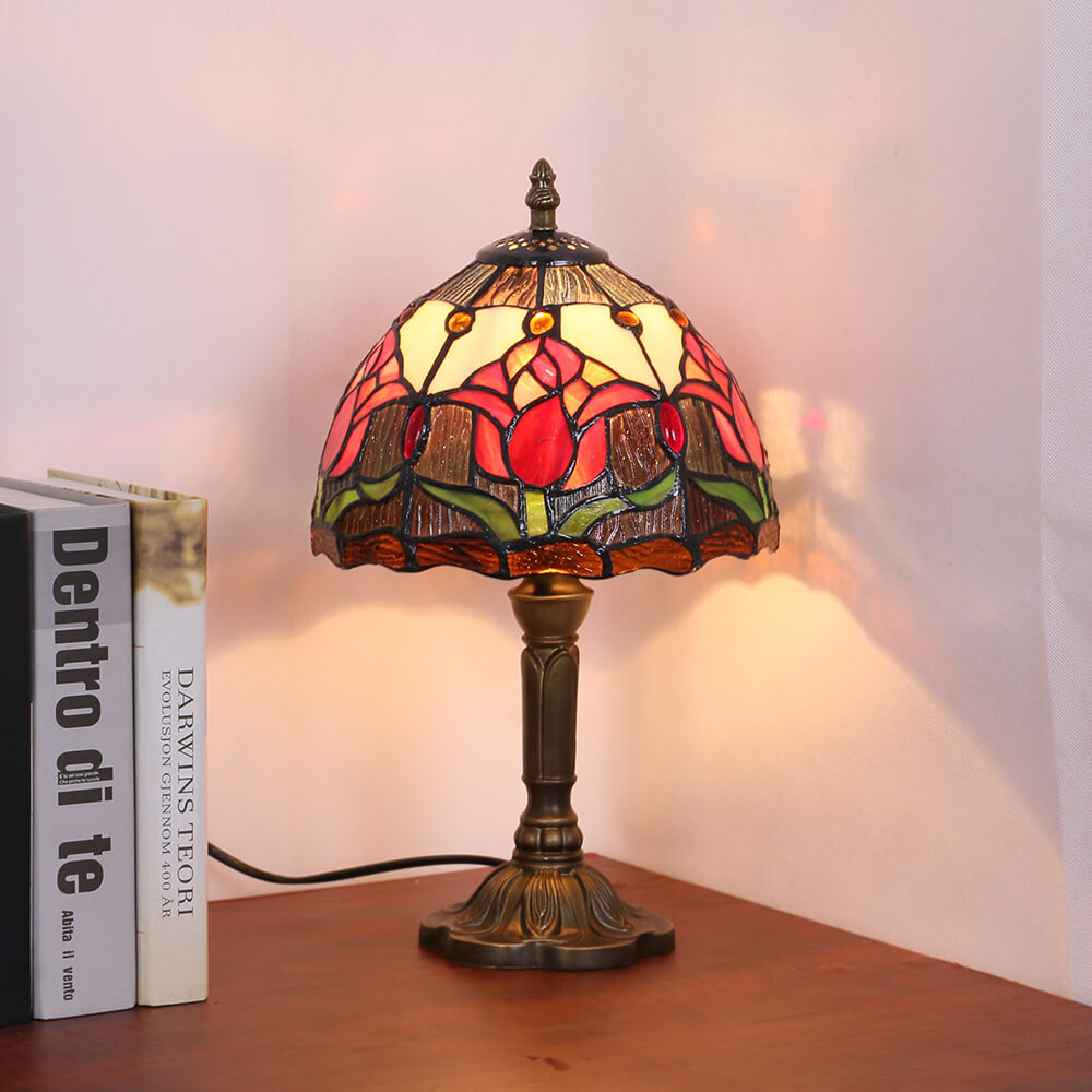 Tiffany Rustic Tulip Stained Glass Round 1-Light Table Lamp