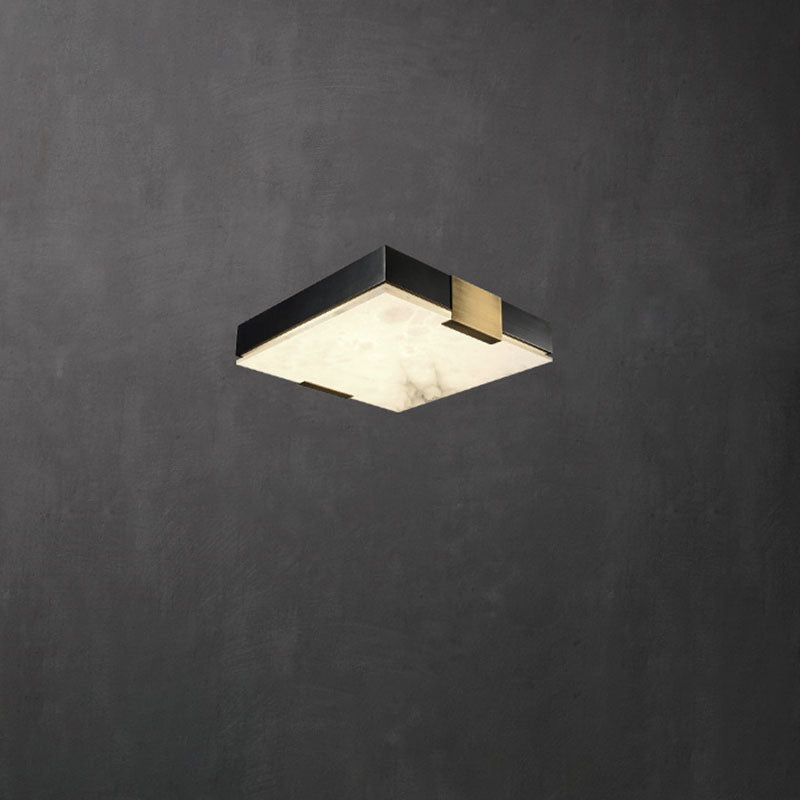 Traditional Chinese Square Marble Shade Brass Frame LED Flush Mount Ceiling Light For Living Room